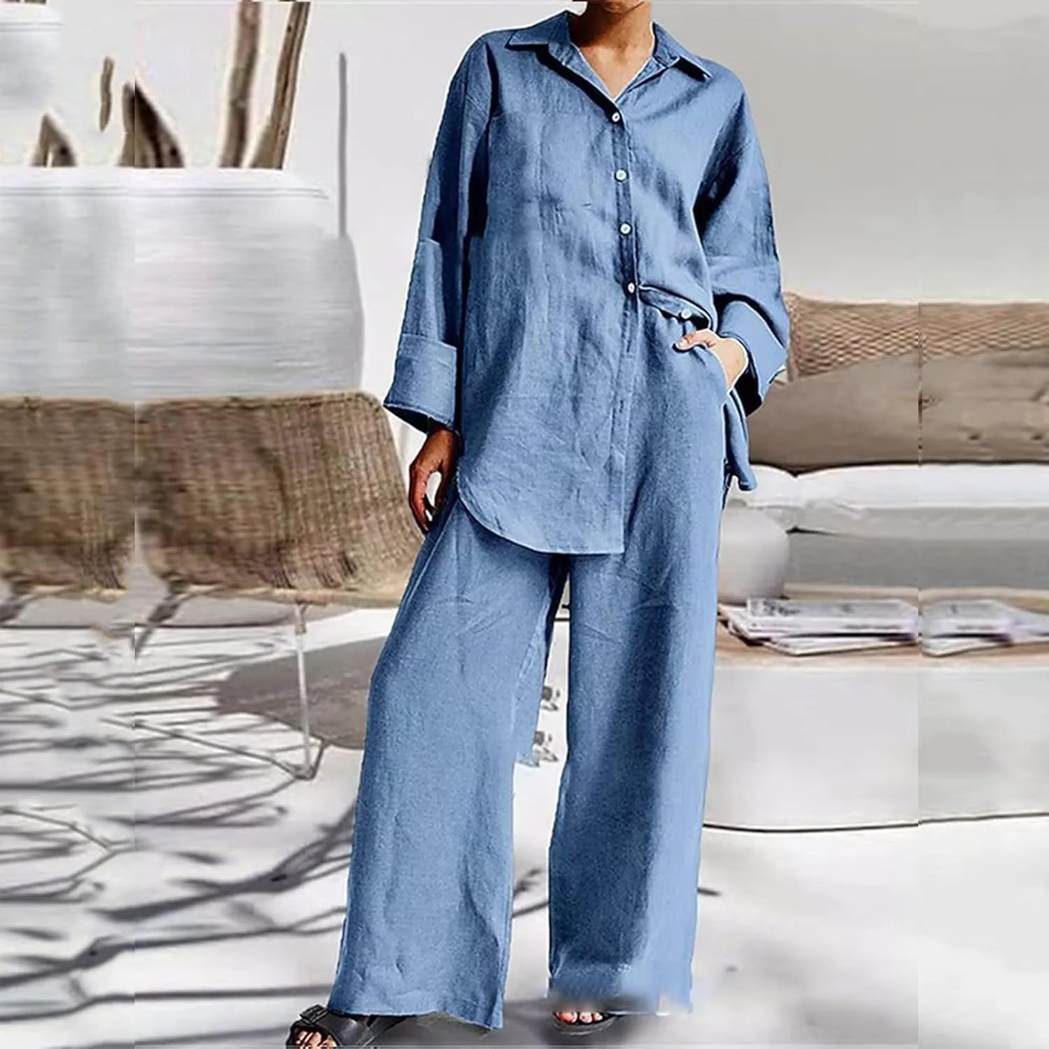 Linen Set for Women Two Piece Outfits Oversized Long Sleeve Button Down Shirts Wide Leg Pants Casual Matching Sets