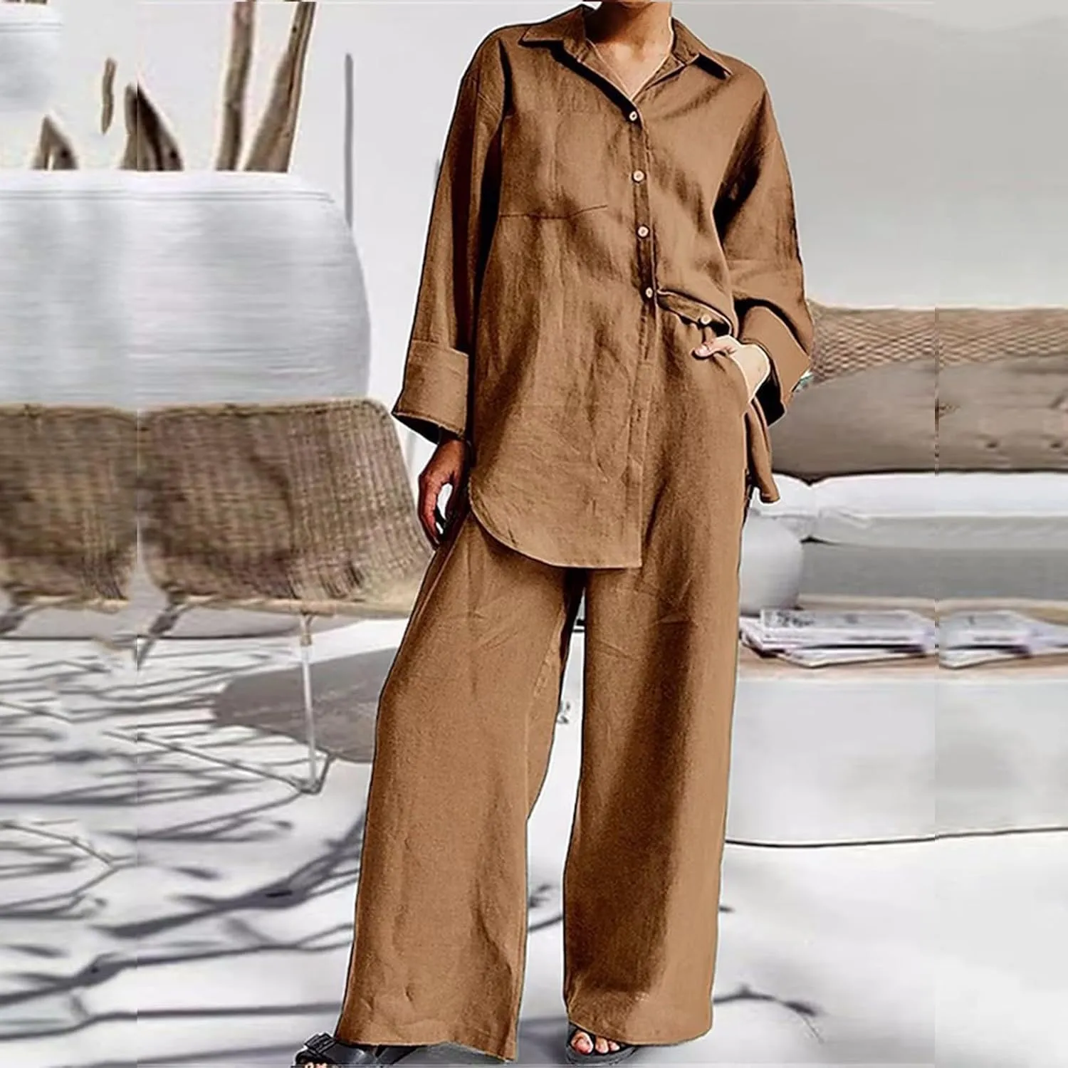 Linen Set for Women Two Piece Outfits Oversized Long Sleeve Button Down Shirts Wide Leg Pants Casual Matching Sets