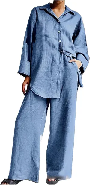 Linen Set for Women Two Piece Outfits Oversized Long Sleeve Button Down Shirts Wide Leg Pants Casual Matching Sets