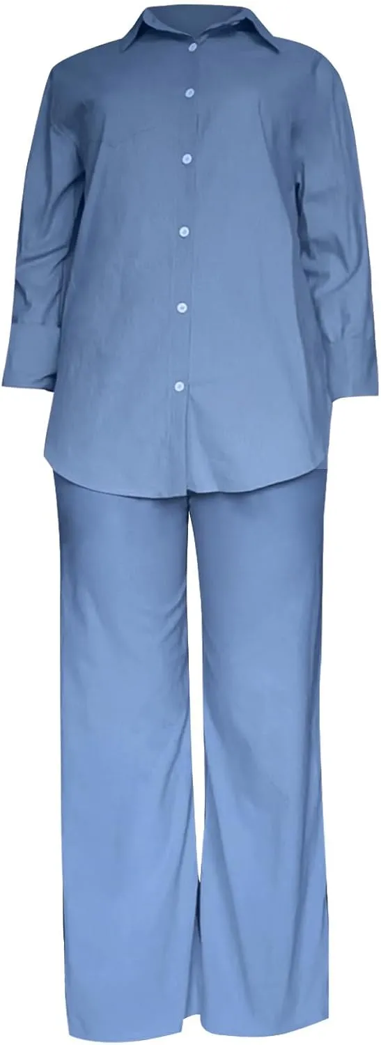 Linen Set for Women Two Piece Outfits Oversized Long Sleeve Button Down Shirts Wide Leg Pants Casual Matching Sets