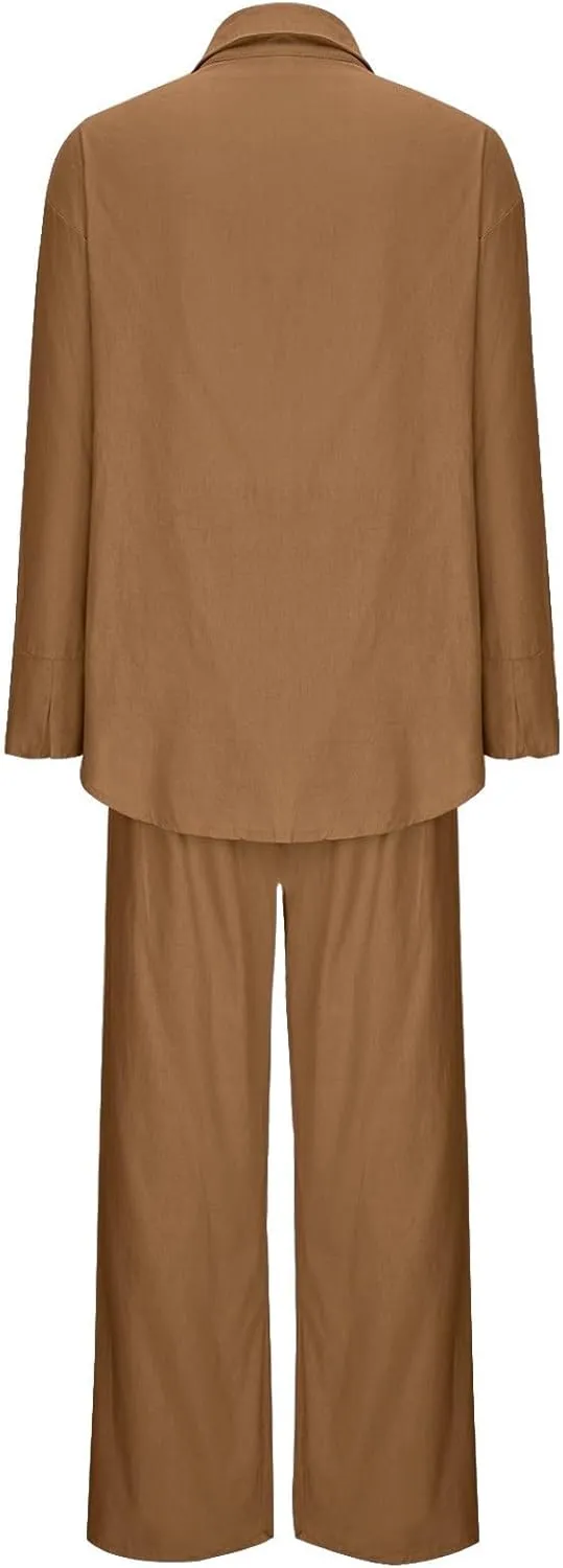 Linen Set for Women Two Piece Outfits Oversized Long Sleeve Button Down Shirts Wide Leg Pants Casual Matching Sets