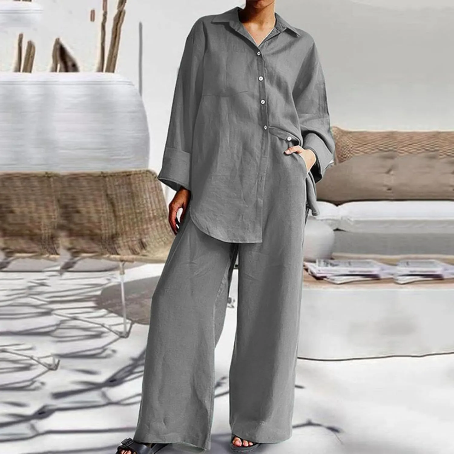 Linen Set for Women Two Piece Outfits Oversized Long Sleeve Button Down Shirts Wide Leg Pants Casual Matching Sets