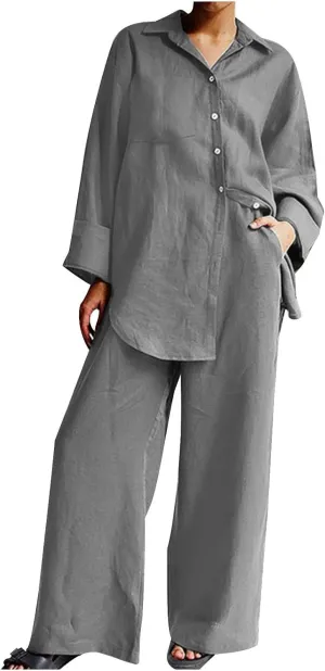Linen Set for Women Two Piece Outfits Oversized Long Sleeve Button Down Shirts Wide Leg Pants Casual Matching Sets