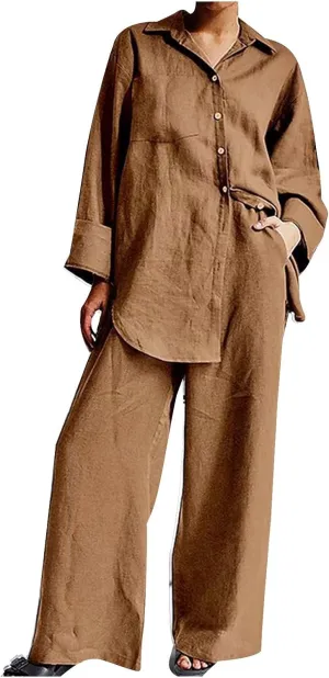 Linen Set for Women Two Piece Outfits Oversized Long Sleeve Button Down Shirts Wide Leg Pants Casual Matching Sets