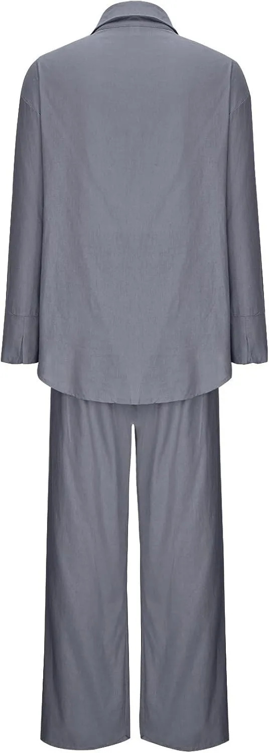 Linen Set for Women Two Piece Outfits Oversized Long Sleeve Button Down Shirts Wide Leg Pants Casual Matching Sets