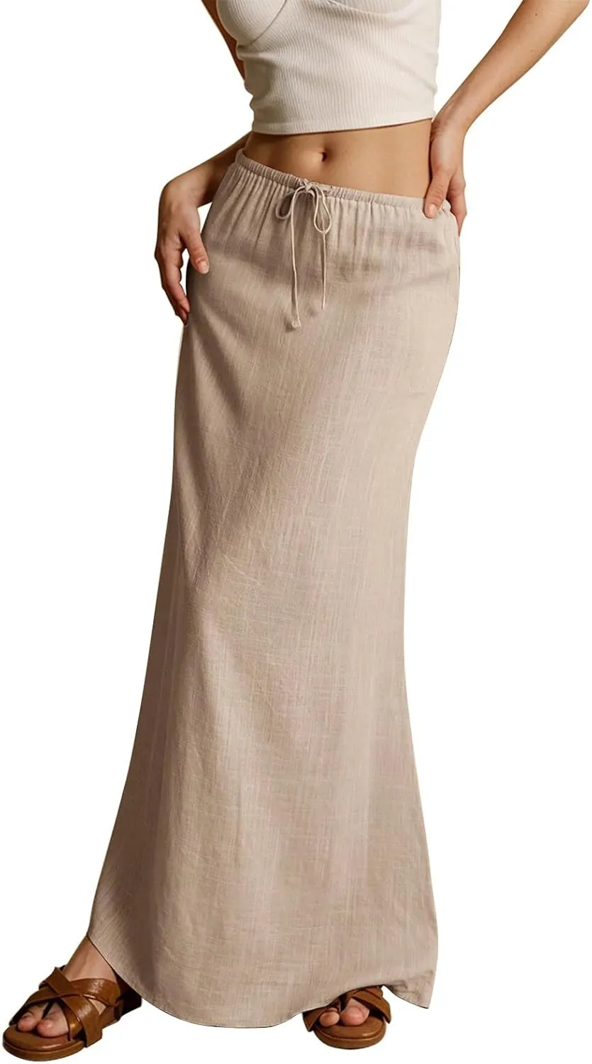 Linen Skirts for Women Plus Size Long Flowy Skirts Comfy Drawstring Low Rise Womens Maxi Skirt with Slit Summer