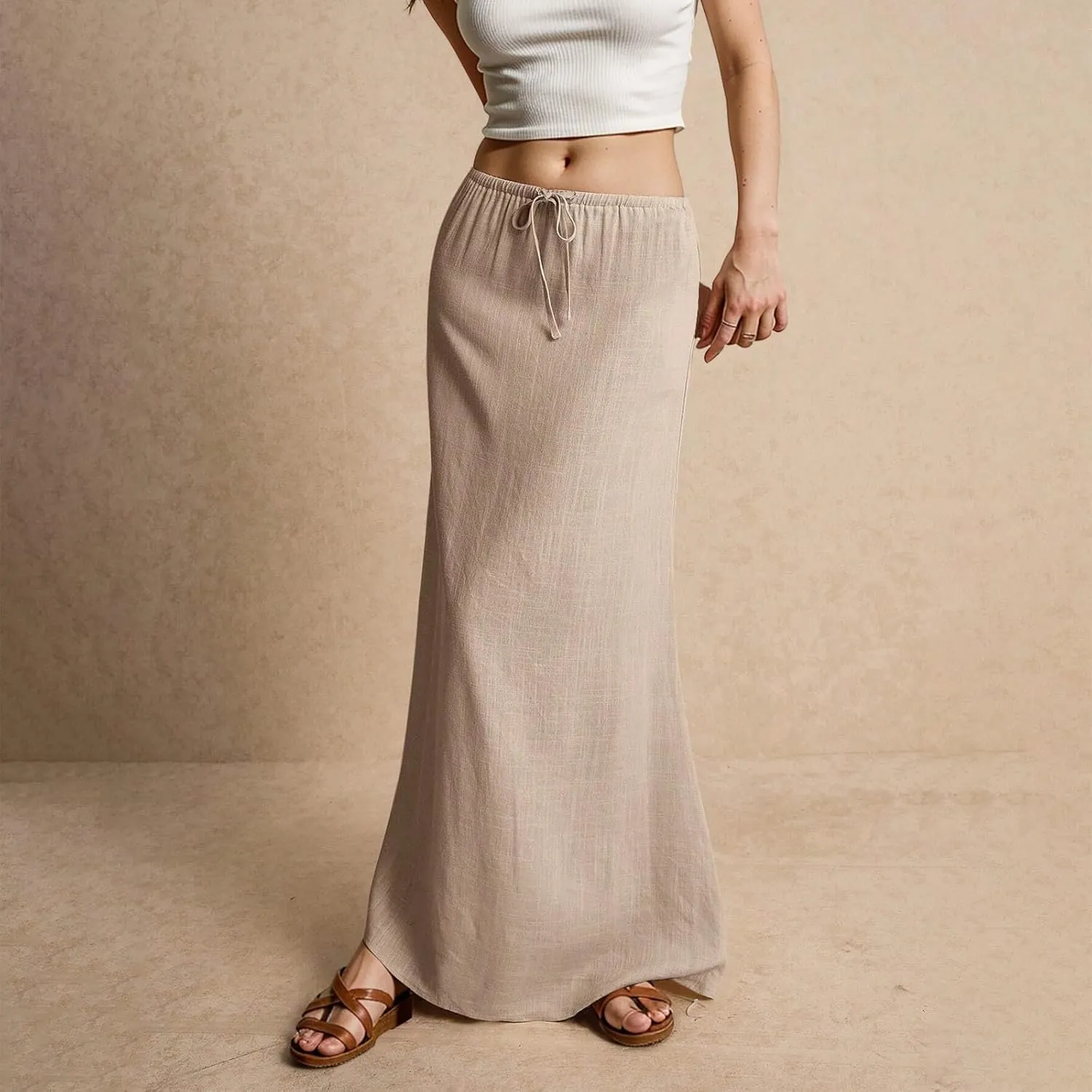 Linen Skirts for Women Plus Size Long Flowy Skirts Comfy Drawstring Low Rise Womens Maxi Skirt with Slit Summer