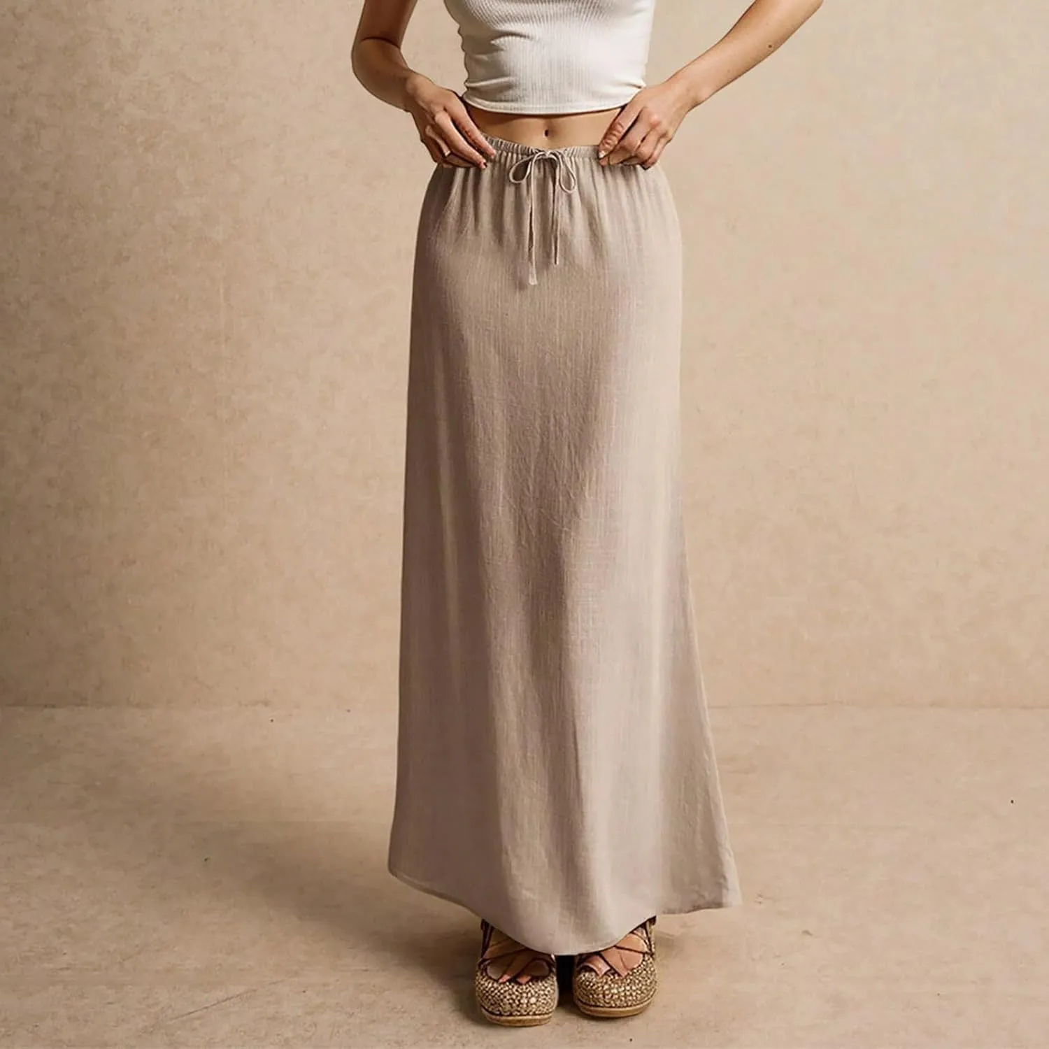 Linen Skirts for Women Plus Size Long Flowy Skirts Comfy Drawstring Low Rise Womens Maxi Skirt with Slit Summer