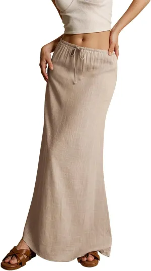 Linen Skirts for Women Plus Size Long Flowy Skirts Comfy Drawstring Low Rise Womens Maxi Skirt with Slit Summer
