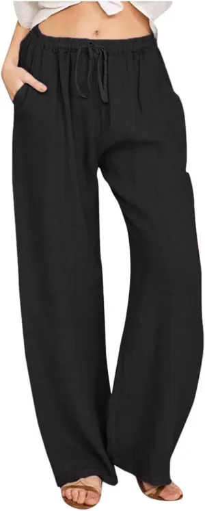 Linen Wide Leg Pants Woman Summer High Waisted Beach Pants Casual Trousers Drawstring Lounge Pants with Pockets