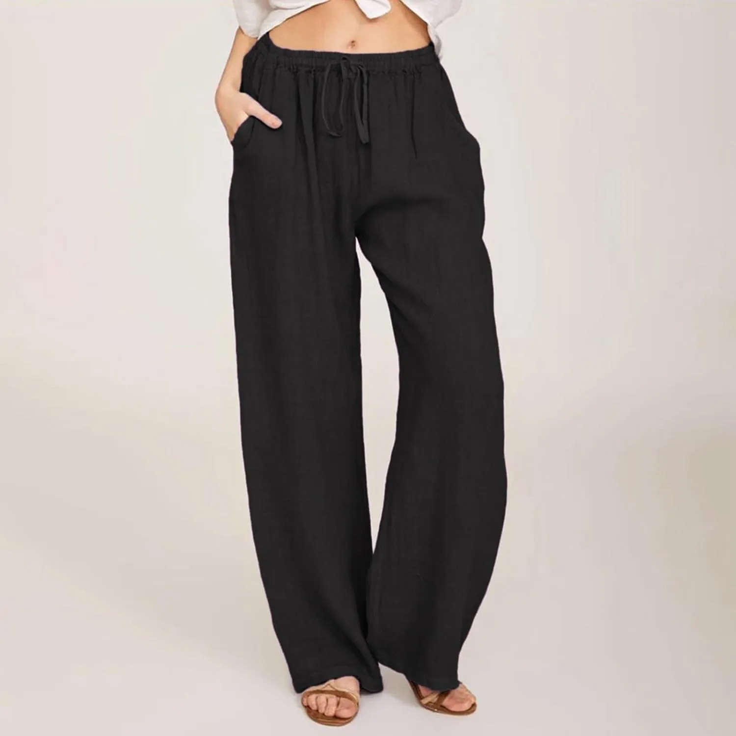 Linen Wide Leg Pants Woman Summer High Waisted Beach Pants Casual Trousers Drawstring Lounge Pants with Pockets