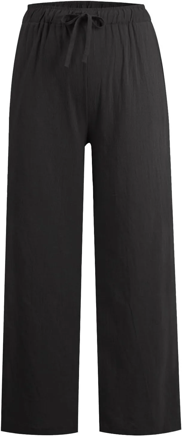 Linen Wide Leg Pants Woman Summer High Waisted Beach Pants Casual Trousers Drawstring Lounge Pants with Pockets