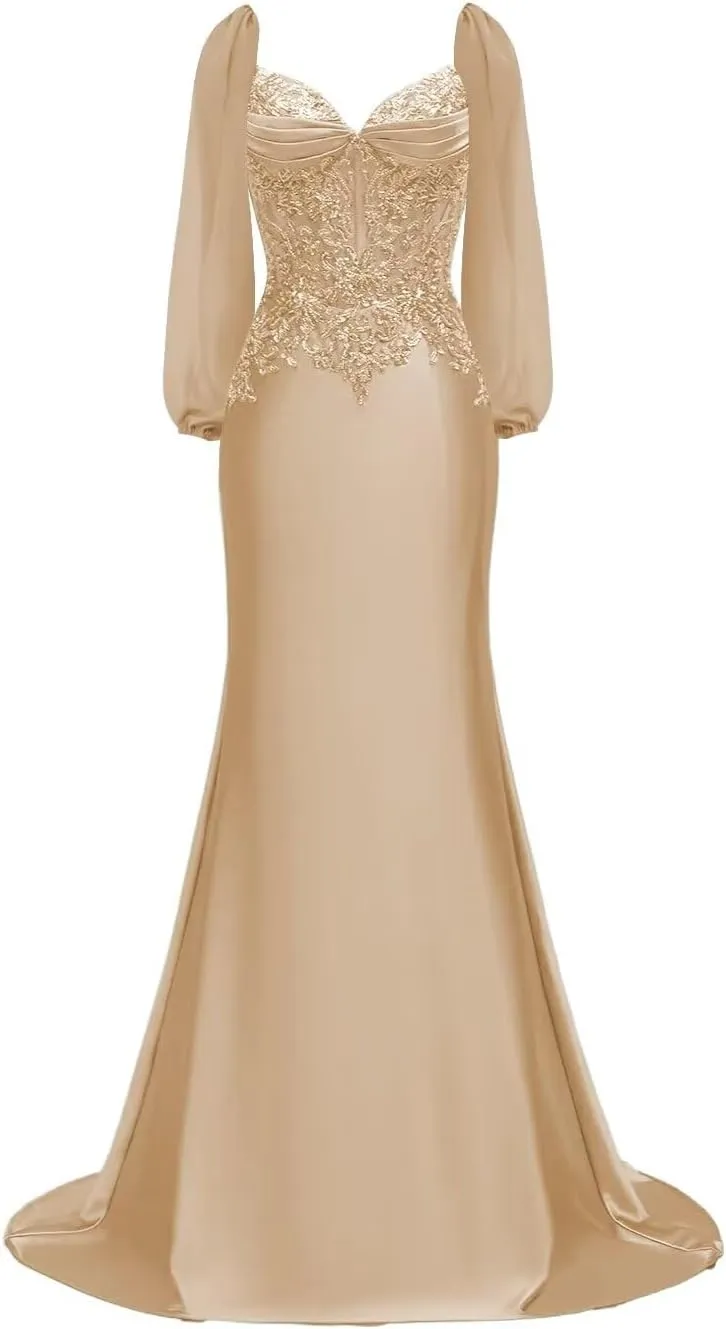 Long Sleeve Satin Prom Dresses for Women 2025 Mermaid Formal Dresses Beaded Appliques Evening Gala Dress