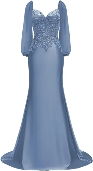 Long Sleeve Satin Prom Dresses for Women 2025 Mermaid Formal Dresses Beaded Appliques Evening Gala Dress