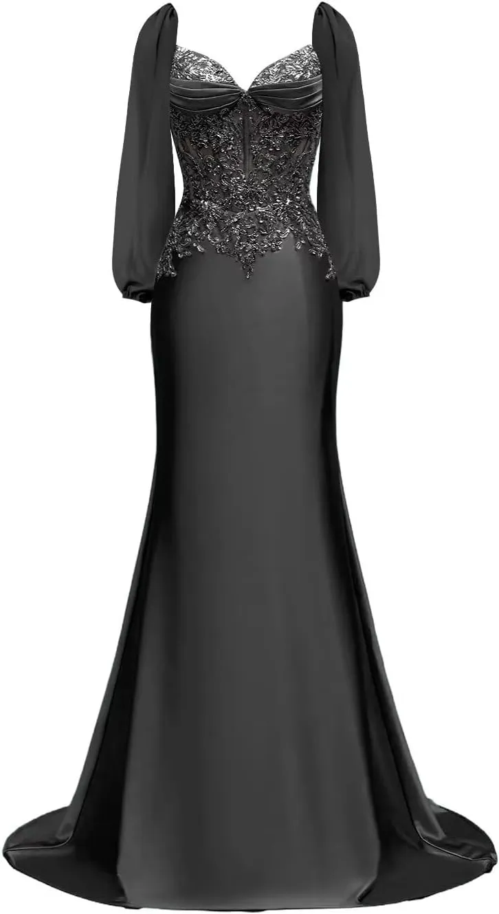 Long Sleeve Satin Prom Dresses for Women 2025 Mermaid Formal Dresses Beaded Appliques Evening Gala Dress