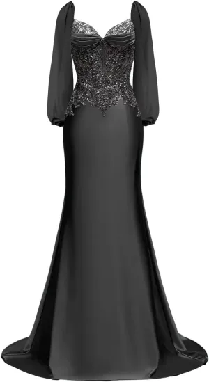 Long Sleeve Satin Prom Dresses for Women 2025 Mermaid Formal Dresses Beaded Appliques Evening Gala Dress