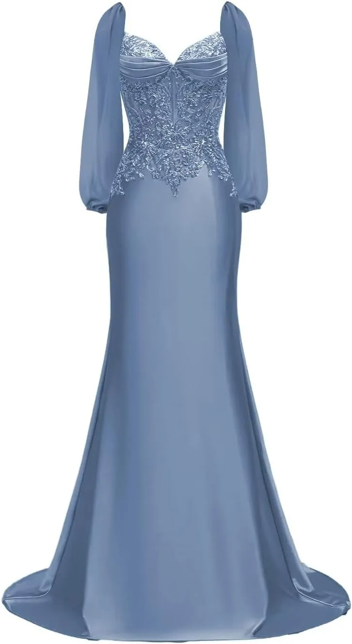 Long Sleeve Satin Prom Dresses for Women 2025 Mermaid Formal Dresses Beaded Appliques Evening Gala Dress