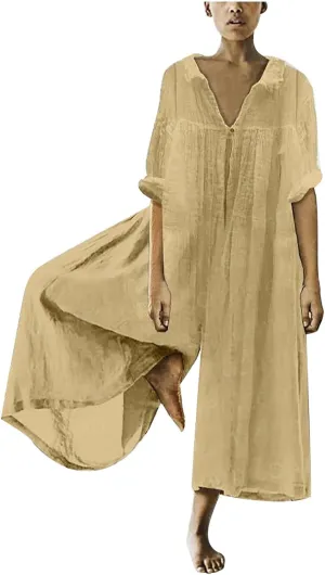 Loose Fit Pants for Women Fall Summer Linen Straight Leg Plain Long Leg Overalls Pants Rompers Women 2024 Fashion