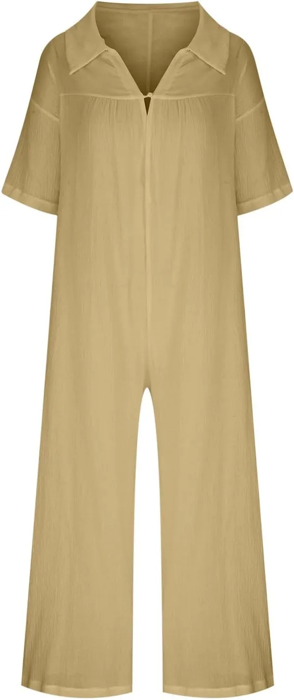 Loose Fit Pants for Women Fall Summer Linen Straight Leg Plain Long Leg Overalls Pants Rompers Women 2024 Fashion