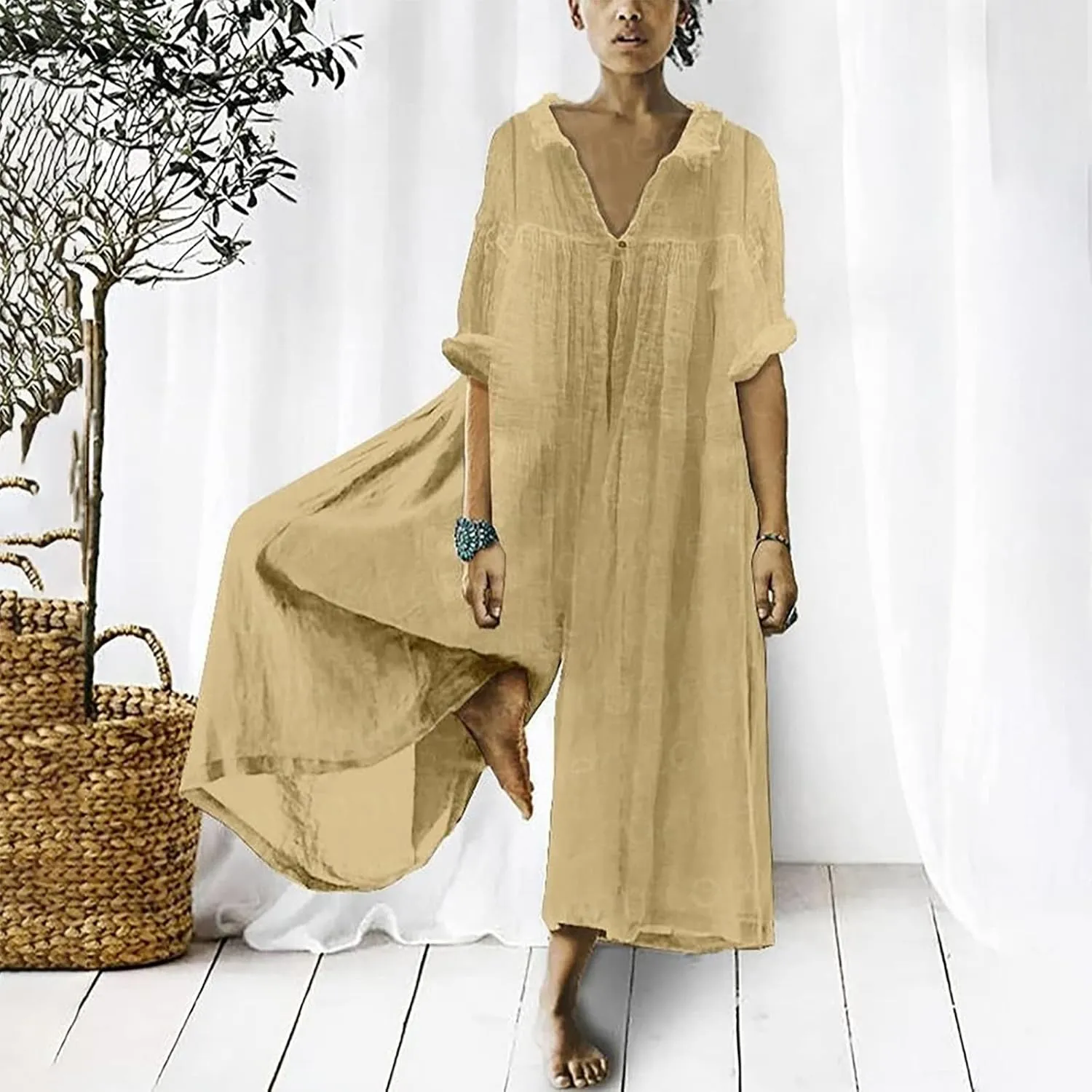 Loose Fit Pants for Women Fall Summer Linen Straight Leg Plain Long Leg Overalls Pants Rompers Women 2024 Fashion