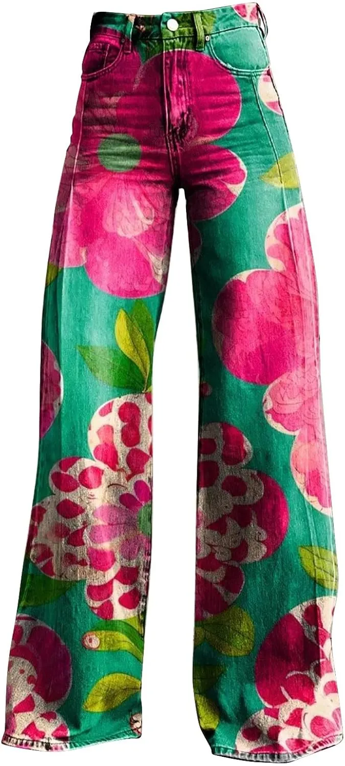 Loose Straight Cargo Pants Women Vintage Hippie Pants Casual High Waist Trendy Wide Leg Trousers Tie Dye Print Pants