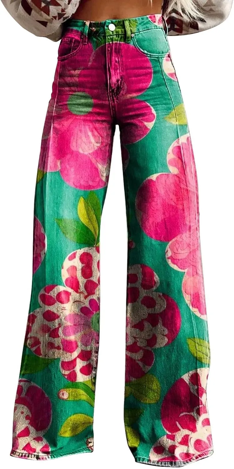 Loose Straight Cargo Pants Women Vintage Hippie Pants Casual High Waist Trendy Wide Leg Trousers Tie Dye Print Pants