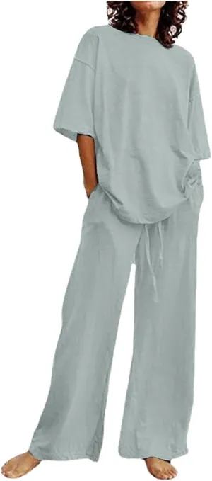 maisdgop 2 Piece Sets for Women Summer Cotton Linen Short Sleeve Trousers Outfit Casual Loose Solid Color Suits with Pockets