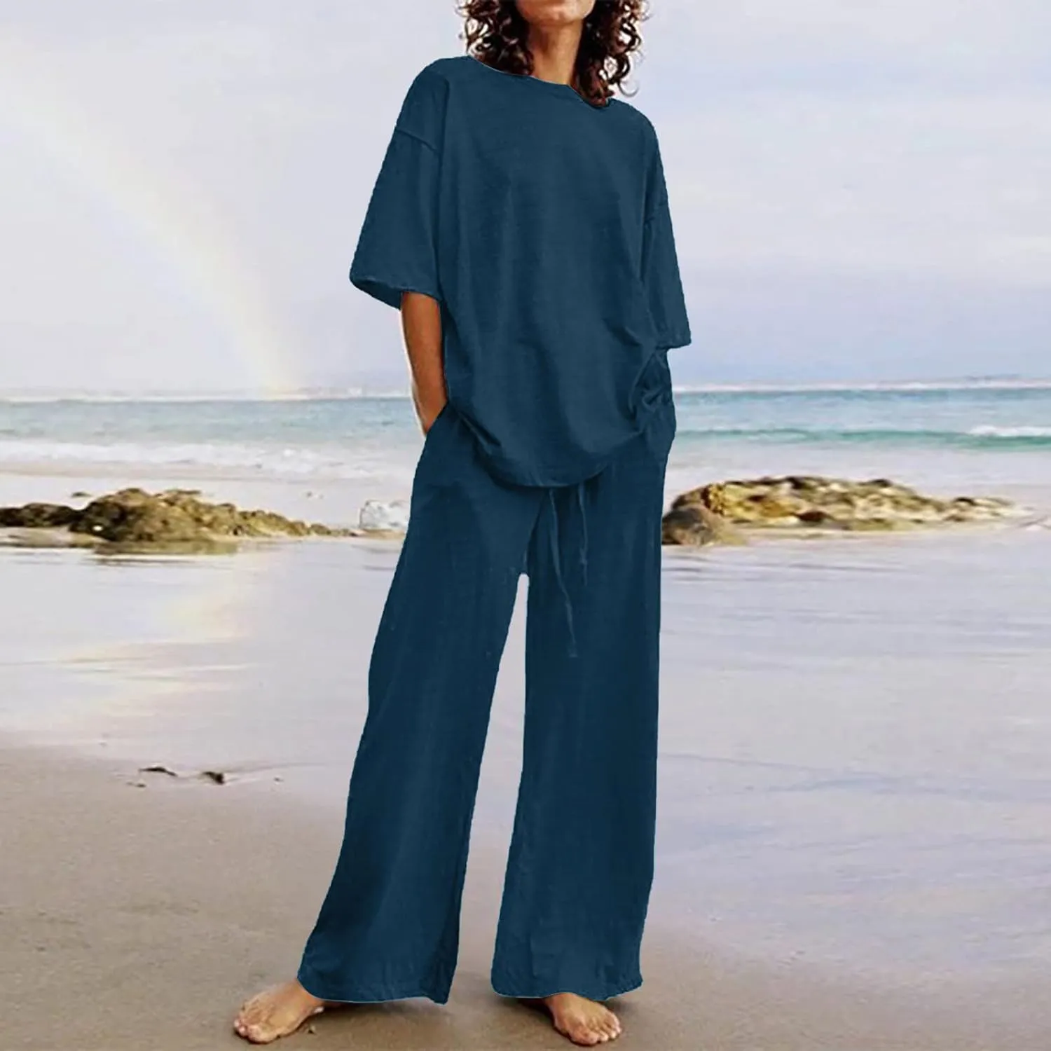 maisdgop 2 Piece Sets for Women Summer Cotton Linen Short Sleeve Trousers Outfit Casual Loose Solid Color Suits with Pockets
