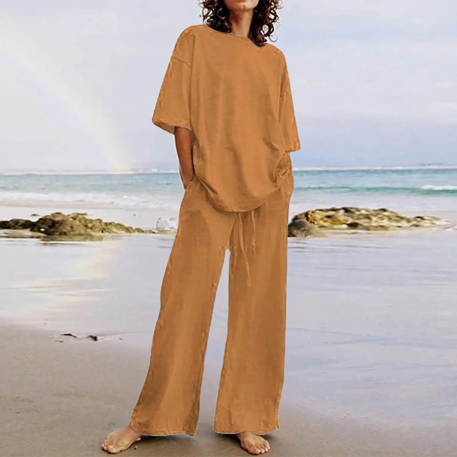 maisdgop 2 Piece Sets for Women Summer Cotton Linen Short Sleeve Trousers Outfit Casual Loose Solid Color Suits with Pockets