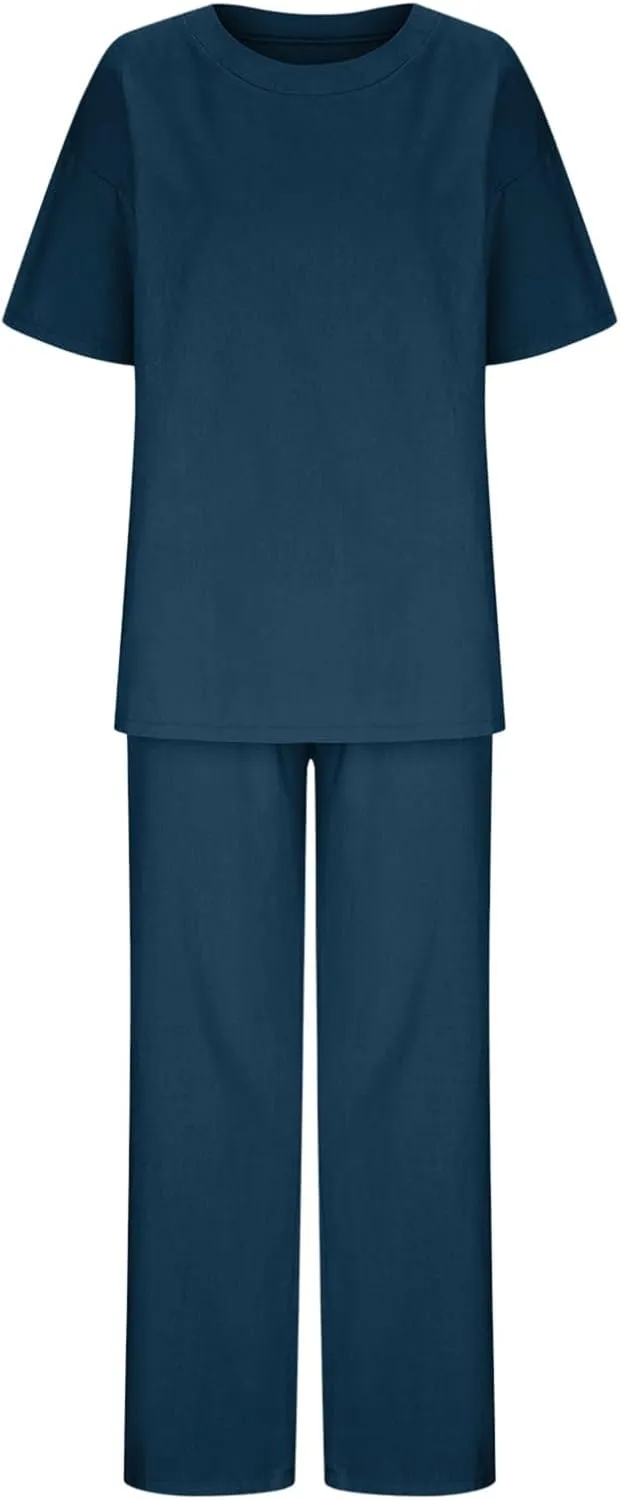 maisdgop 2 Piece Sets for Women Summer Cotton Linen Short Sleeve Trousers Outfit Casual Loose Solid Color Suits with Pockets