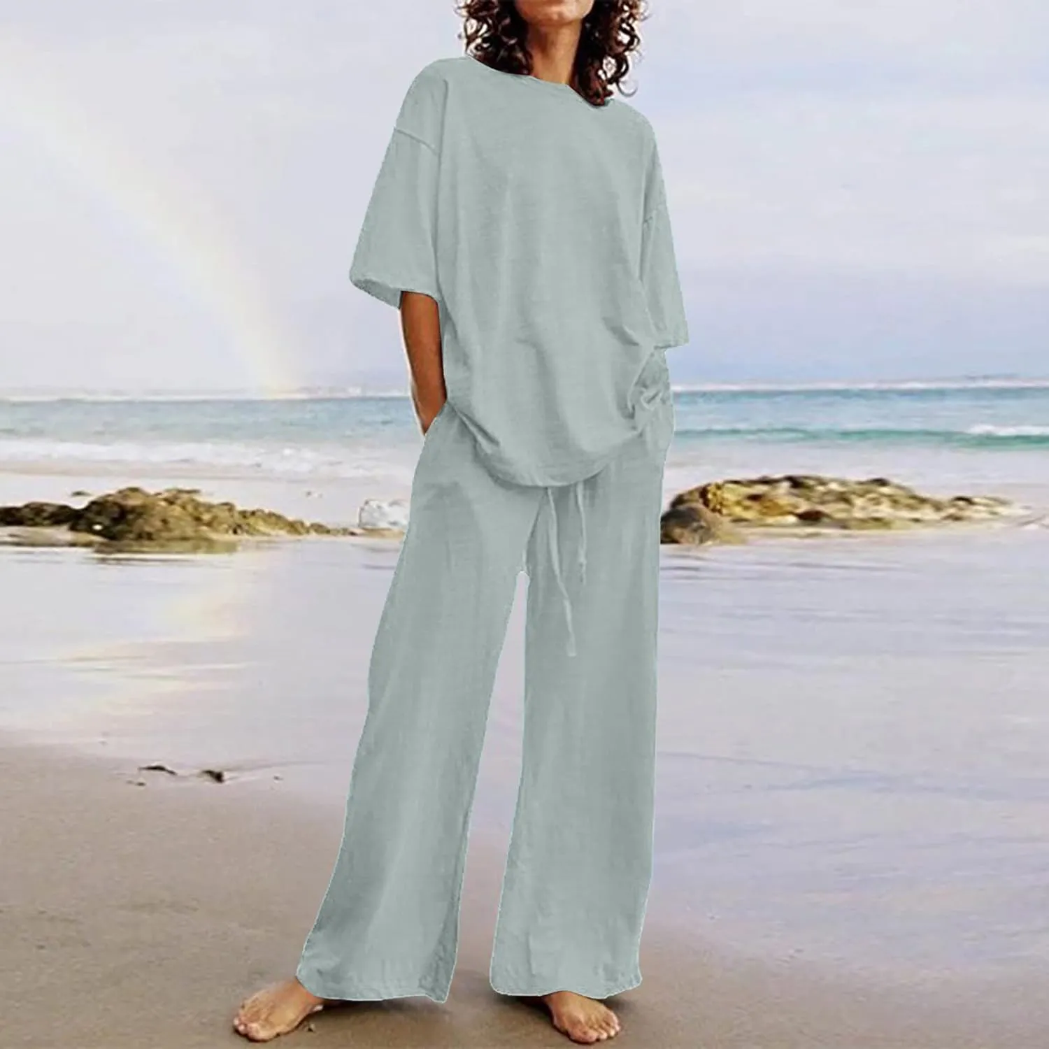 maisdgop 2 Piece Sets for Women Summer Cotton Linen Short Sleeve Trousers Outfit Casual Loose Solid Color Suits with Pockets