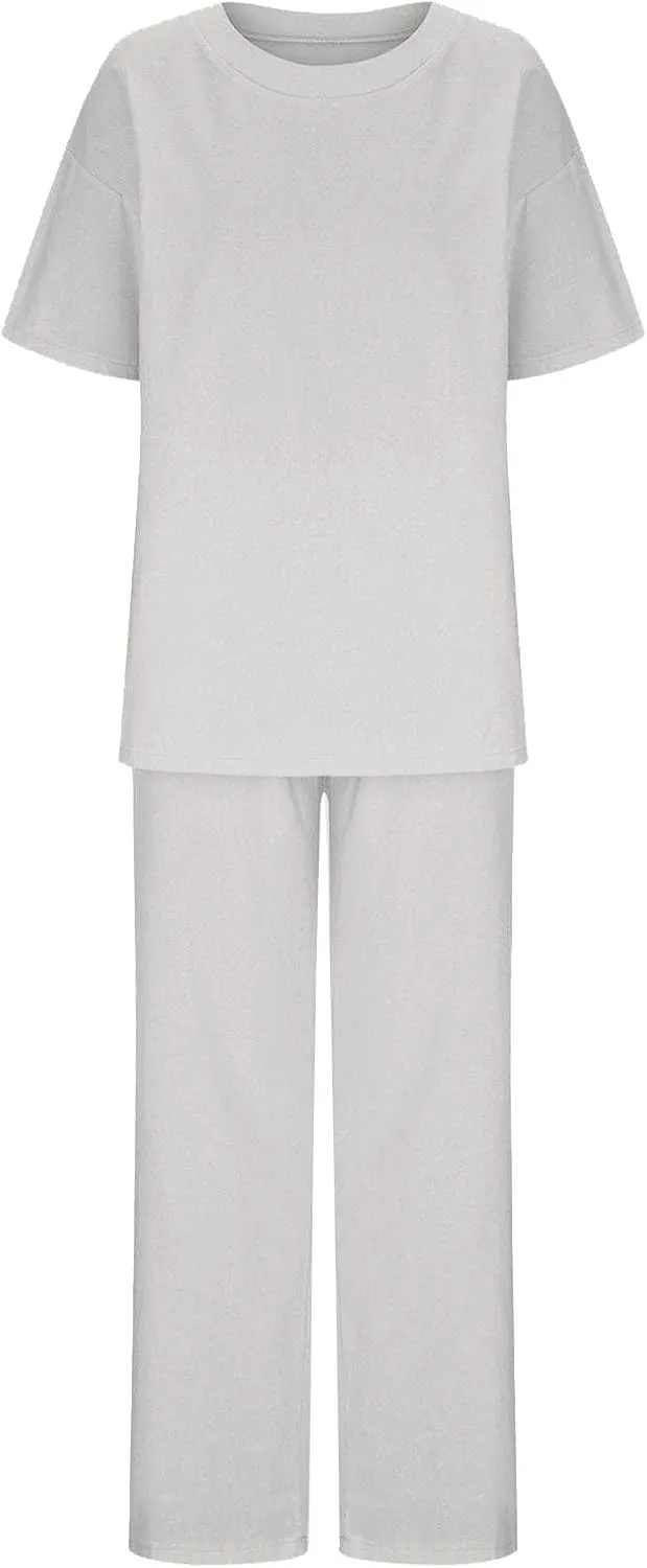 maisdgop 2 Piece Sets for Women Summer Cotton Linen Short Sleeve Trousers Outfit Casual Loose Solid Color Suits with Pockets