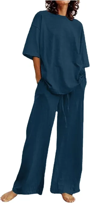 maisdgop 2 Piece Sets for Women Summer Cotton Linen Short Sleeve Trousers Outfit Casual Loose Solid Color Suits with Pockets