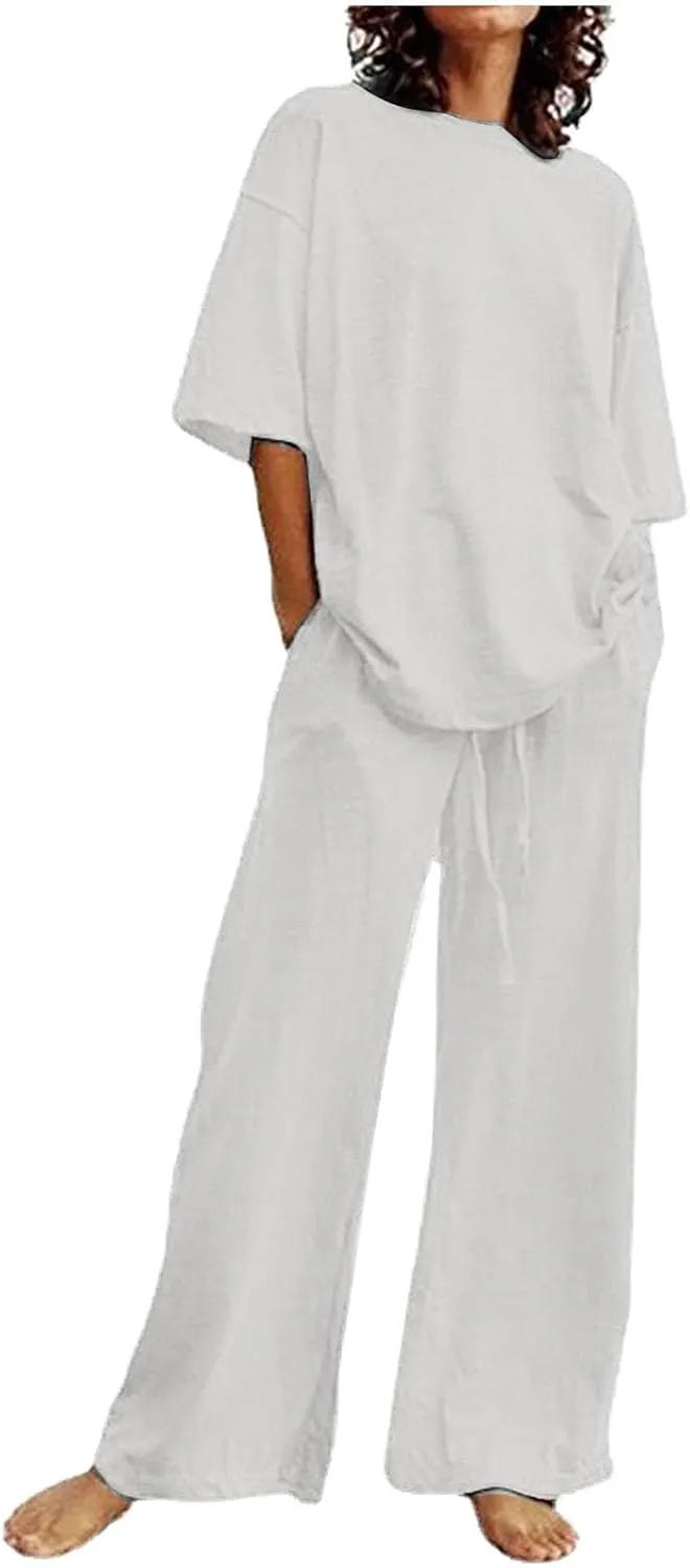 maisdgop 2 Piece Sets for Women Summer Cotton Linen Short Sleeve Trousers Outfit Casual Loose Solid Color Suits with Pockets