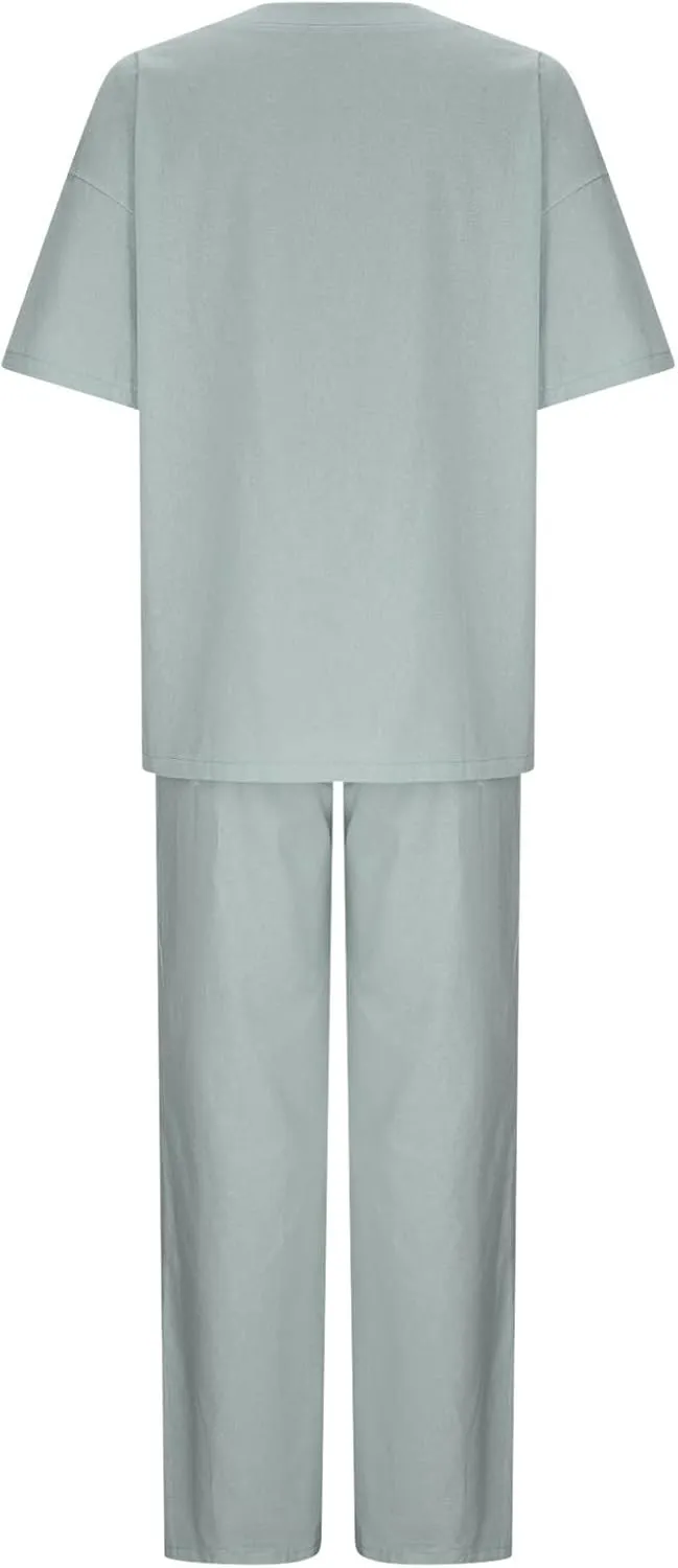 maisdgop 2 Piece Sets for Women Summer Cotton Linen Short Sleeve Trousers Outfit Casual Loose Solid Color Suits with Pockets