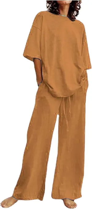 maisdgop 2 Piece Sets for Women Summer Cotton Linen Short Sleeve Trousers Outfit Casual Loose Solid Color Suits with Pockets