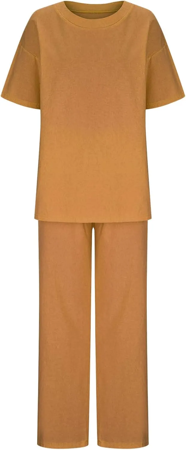 maisdgop 2 Piece Sets for Women Summer Cotton Linen Short Sleeve Trousers Outfit Casual Loose Solid Color Suits with Pockets