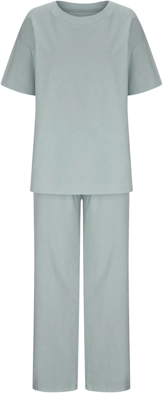 maisdgop 2 Piece Sets for Women Summer Cotton Linen Short Sleeve Trousers Outfit Casual Loose Solid Color Suits with Pockets