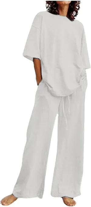 maisdgop 2 Piece Sets for Women Summer Cotton Linen Short Sleeve Trousers Outfit Casual Loose Solid Color Suits with Pockets