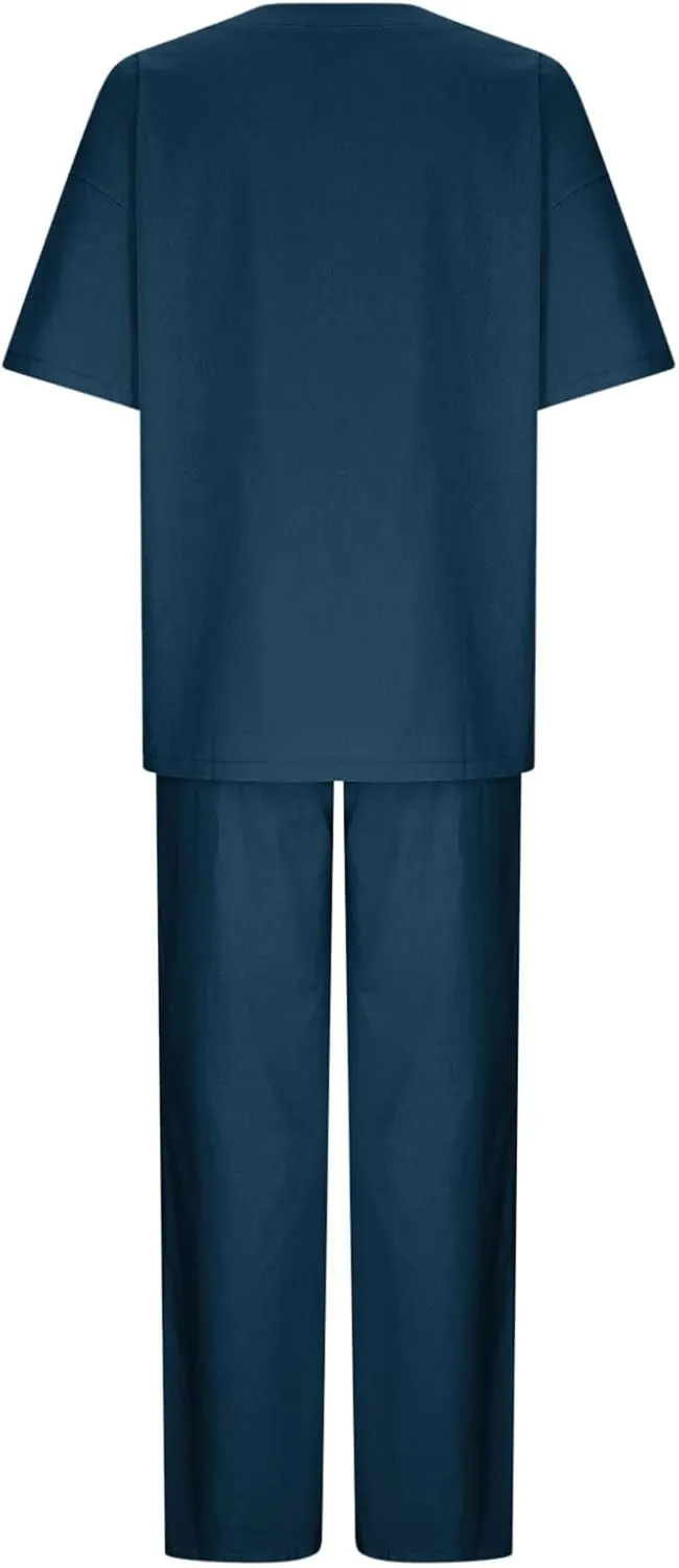 maisdgop 2 Piece Sets for Women Summer Cotton Linen Short Sleeve Trousers Outfit Casual Loose Solid Color Suits with Pockets