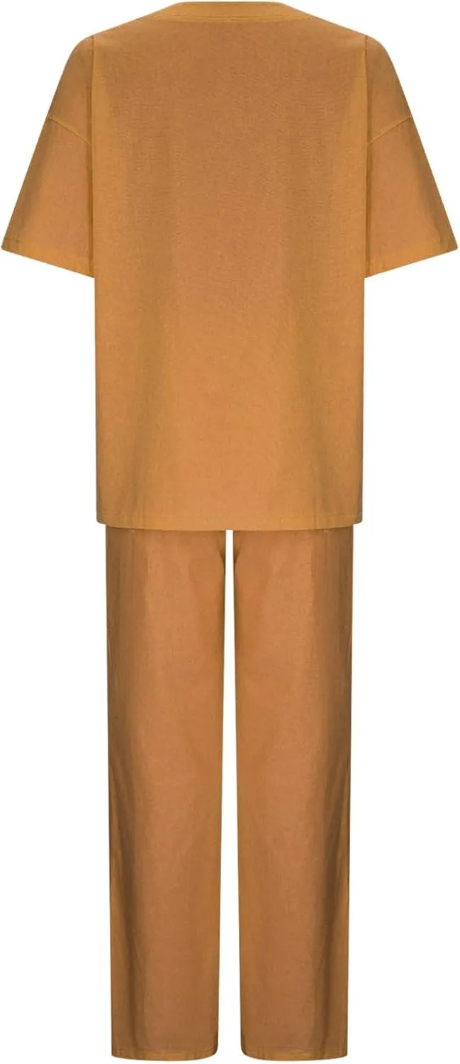 maisdgop 2 Piece Sets for Women Summer Cotton Linen Short Sleeve Trousers Outfit Casual Loose Solid Color Suits with Pockets