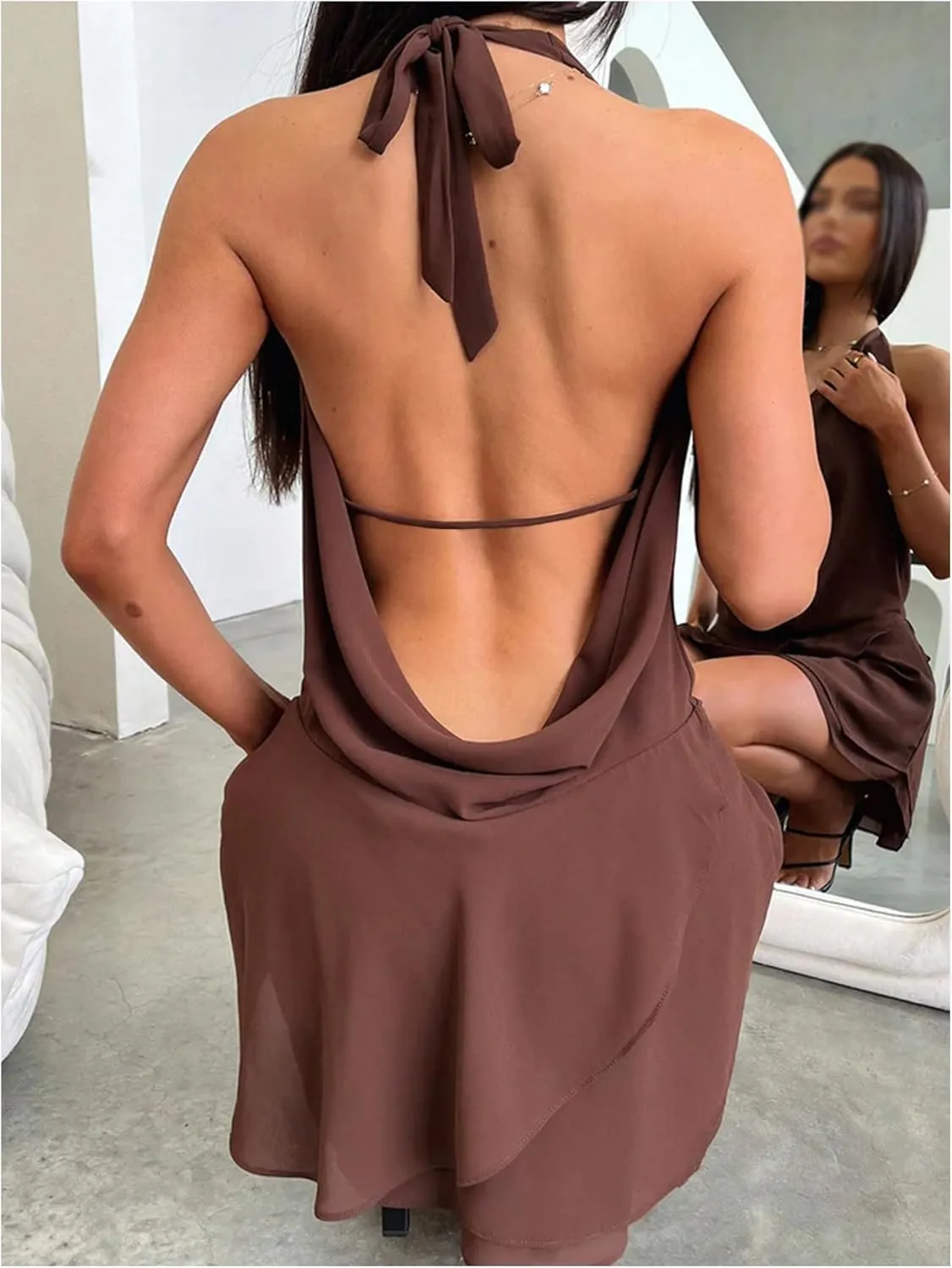 MakeMeChic Women's Chiffon Halter Draped Backless Dress Ruffle Tiered Party Mini Dresses