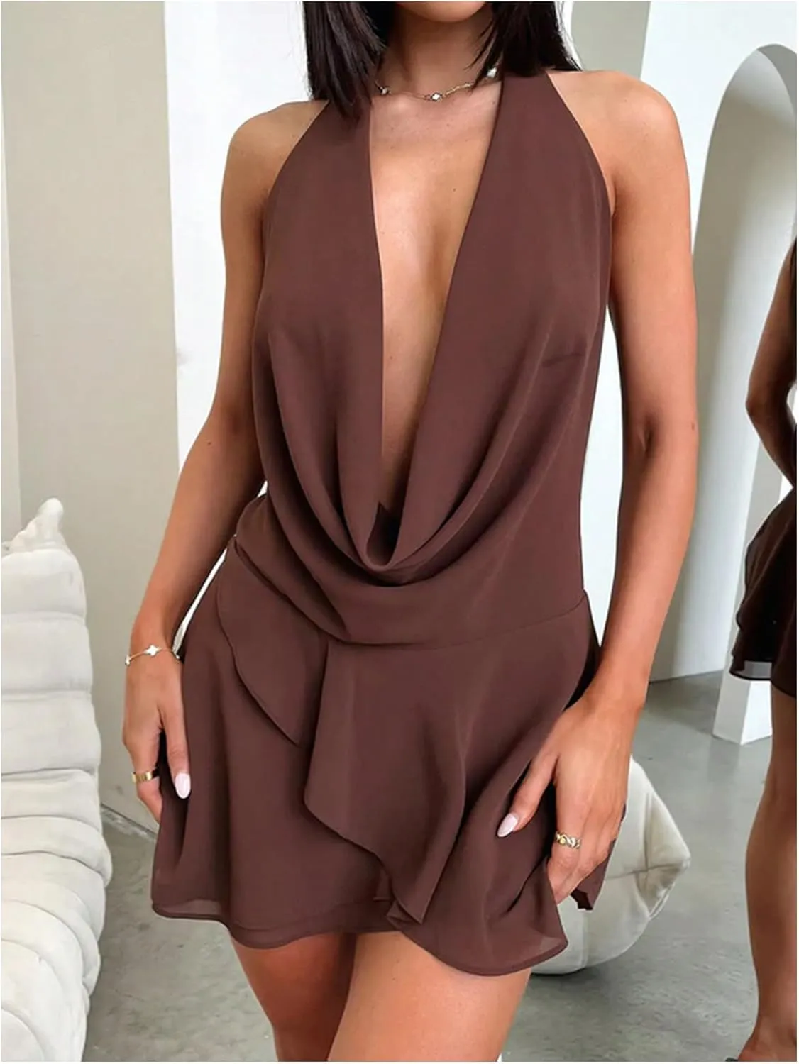 MakeMeChic Women's Chiffon Halter Draped Backless Dress Ruffle Tiered Party Mini Dresses