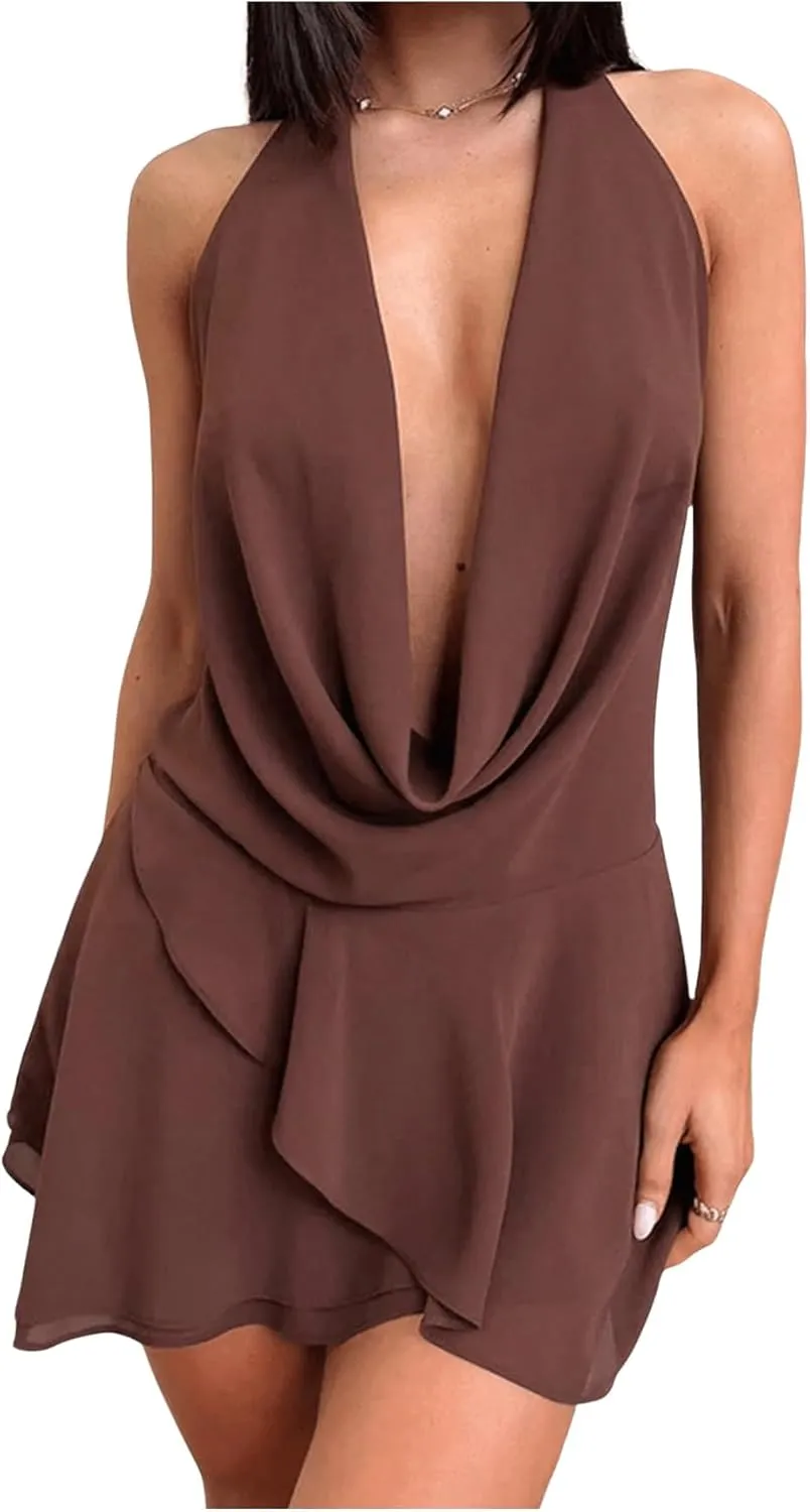 MakeMeChic Women's Chiffon Halter Draped Backless Dress Ruffle Tiered Party Mini Dresses