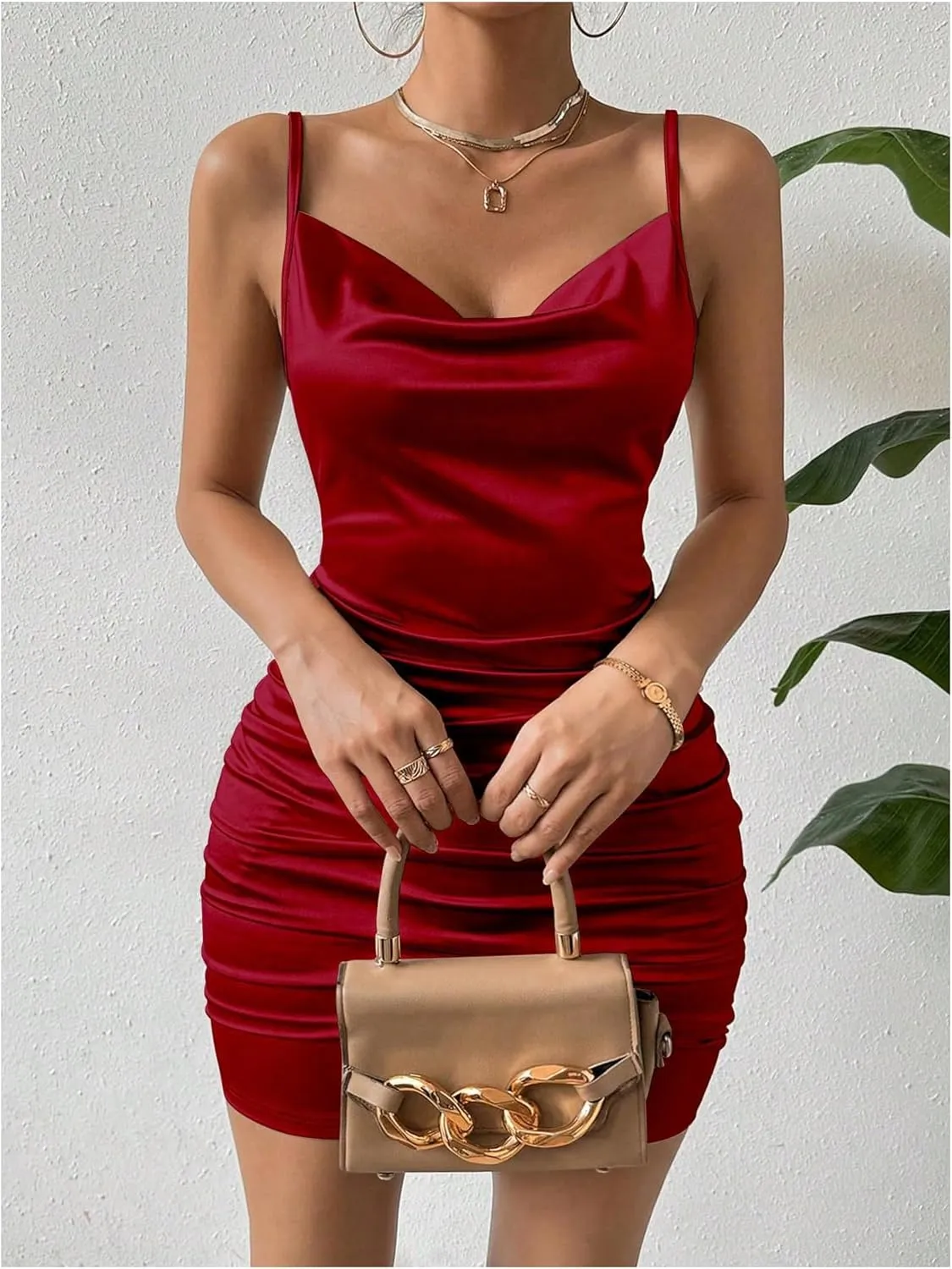 MakeMeChic Women's Satin Ruched Bodycon Mini Dress Draped Sleeveless Cocktail Dress