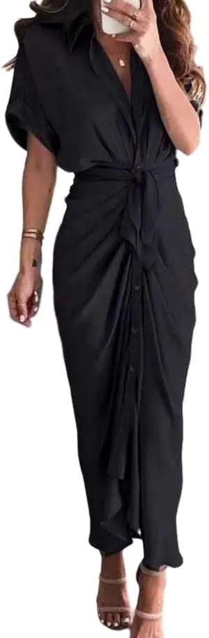 Maxi Dress for Women Trendy Button Down Ruched Shirt Dresses Summer Short Sleeve Lapel V Neck Satin Dress with Belt