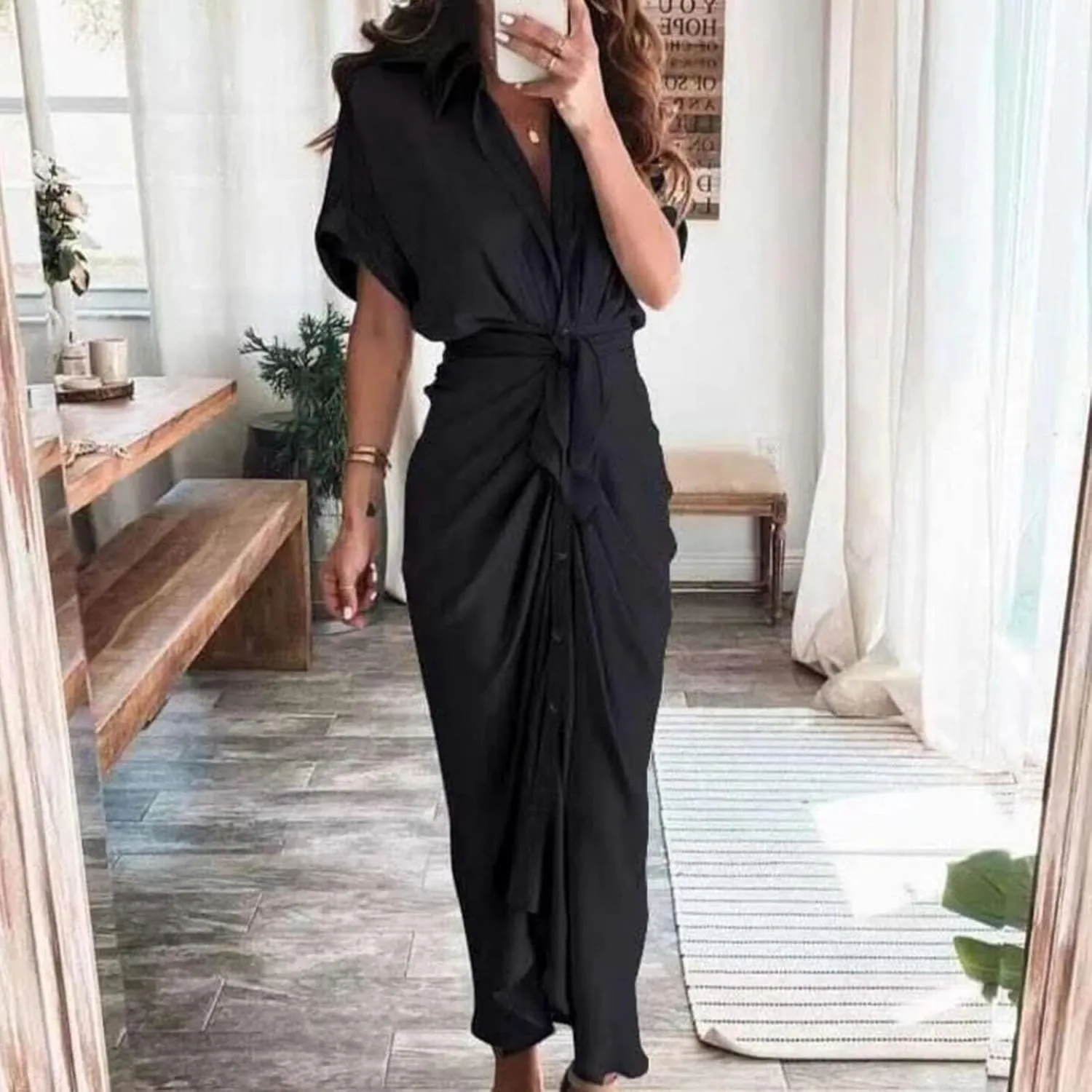 Maxi Dress for Women Trendy Button Down Ruched Shirt Dresses Summer Short Sleeve Lapel V Neck Satin Dress with Belt