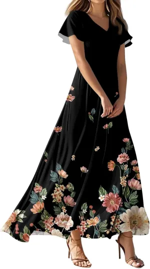 Maxi Dresses for Women,2025 Summer Elegant V Neck Short Sleeve Floral Beach Dress,Flowy Ruched Boho Vacation Dress