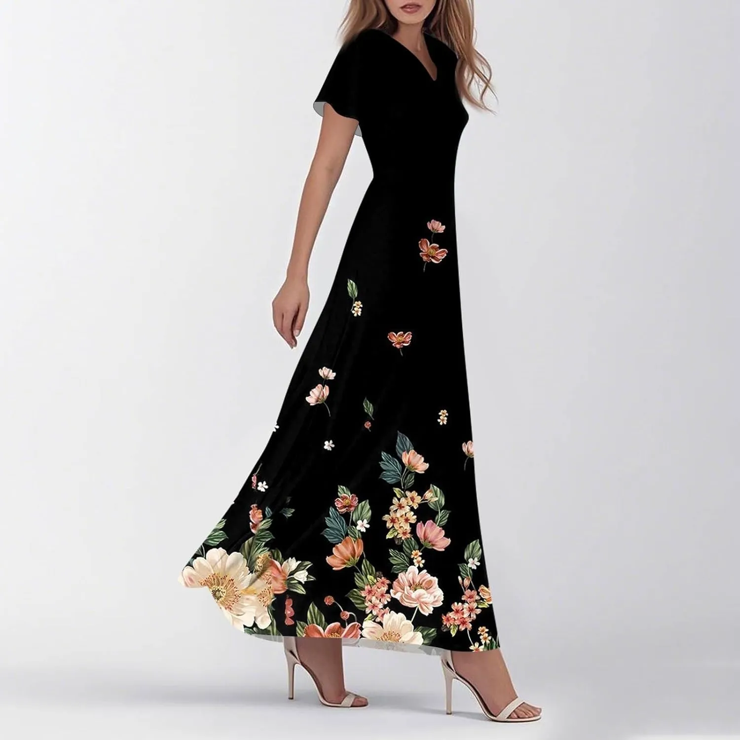Maxi Dresses for Women,2025 Summer Elegant V Neck Short Sleeve Floral Beach Dress,Flowy Ruched Boho Vacation Dress