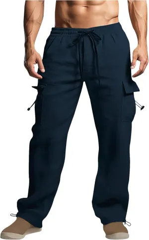 Men Cotton Linen Cargo Pants Comfy Lightweight Trousers Drawstring Elastic Waist Pant Summer Outing Workout Clothes